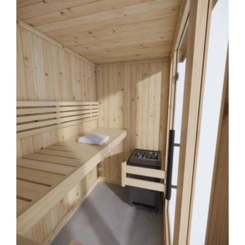 SaunaLife 3 Person Indoor Home Sauna Model X6 - interior view of heater and benches