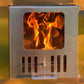 Wood-Fired Hot Tub S4N - very close up view of the wood stove, flames seen through the window