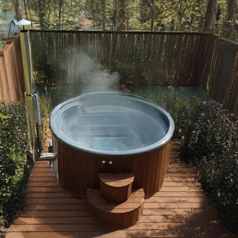 Wood-Fired Hot Tub S4N - top angle view steam rising