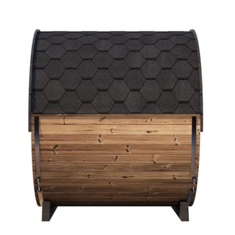 SaunaLife Ergo Barrel Sauna Model EE8G - side view with top half shingles