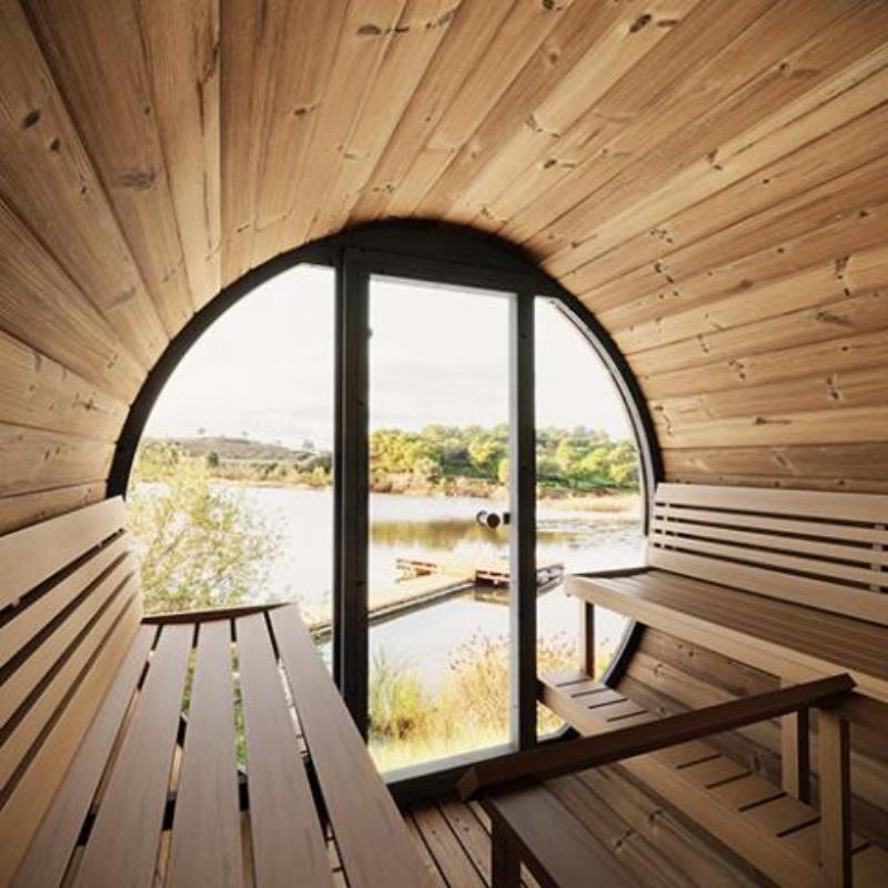 SaunaLife Ergo Barrel Sauna Model EE8G - view through front glass window from inside