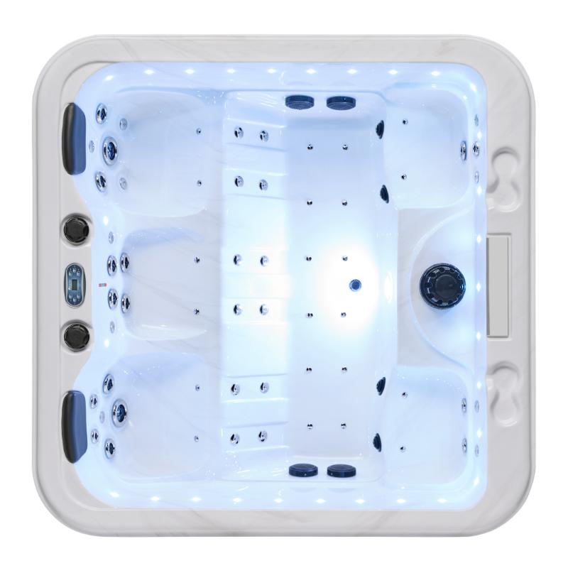 Social 5 Person Hot Tub - top down view, empty of water, lights on