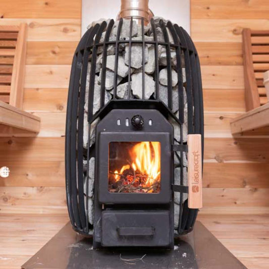 TimberGlow14 Wood Burning Sauna Heater - direct front view with fire