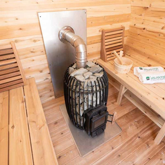 TimberGlow14 Wood Burning Sauna Heater - angled down top view with chimney out the side