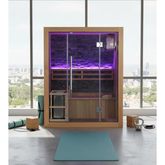 Westlake 3 Person Traditional Sauna - full front view. Large floor to ceiling window behind the sauna. Home gym yoga mats on the left and in front.