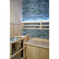 Westlake 3 Person Traditional Sauna - interior view of Harvia heater on the left and rock wall with bench backrest backlighting.