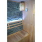 Westlake 3 Person Traditional Sauna - view of rock sauna wall and bench backrest with back lighting. Top right corner is a sauna light with hygrometer on the wall beside it.