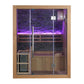 Westlake 3 Person Traditional Sauna - full front view with light purple backlight behind the bench backrest. No background.