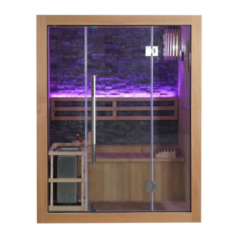 Westlake 3 Person Traditional Sauna - full front view with light purple backlight behind the bench backrest. No background.
