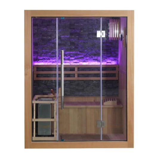 Westlake 3 Person Traditional Sauna - full front view with light purple backlight behind the bench backrest. No background.