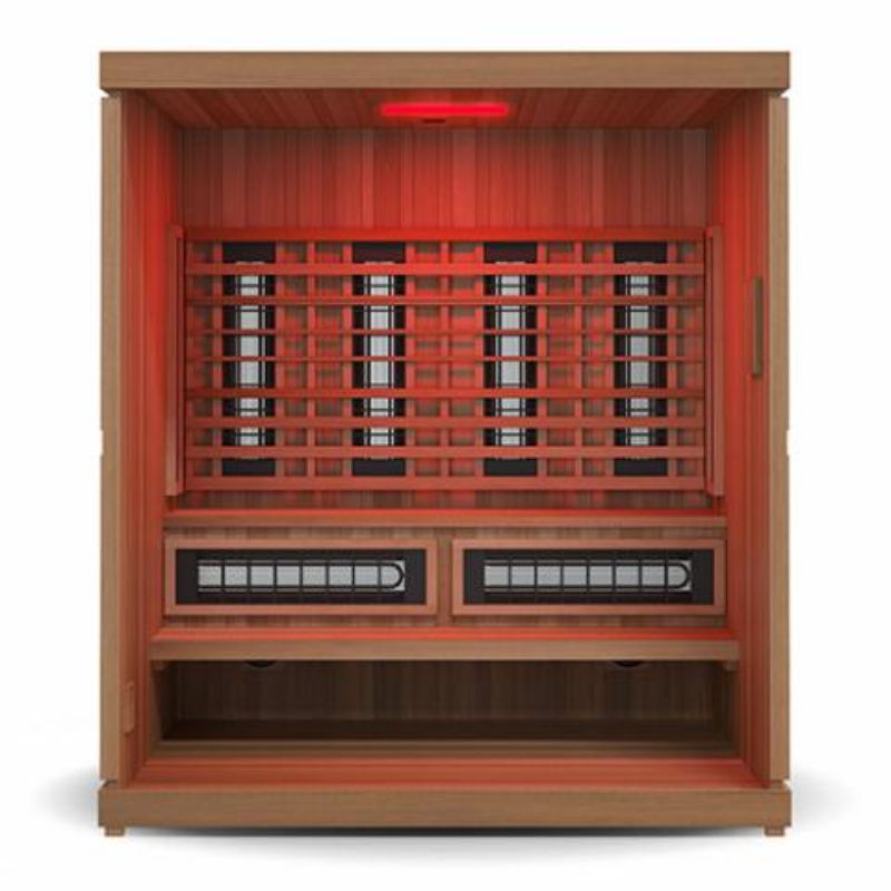 Trinity 4-Person Hybrid Home Sauna with Infrared & Traditional Heat - cut-away interior showing red light and heaters