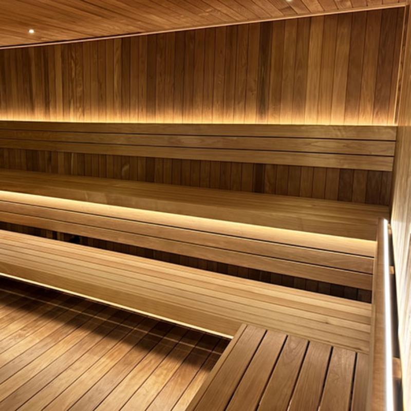 Wooden sauna interior with benches and paneling