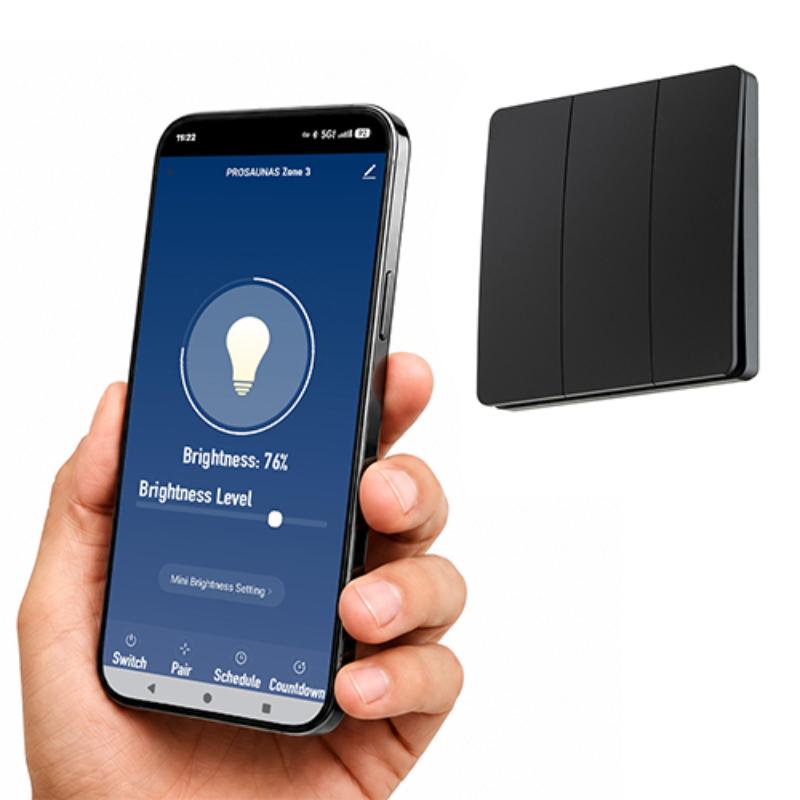 A hand holds a smartphone displaying a smart lighting app interface next to a black three-button wall switch on a white background.