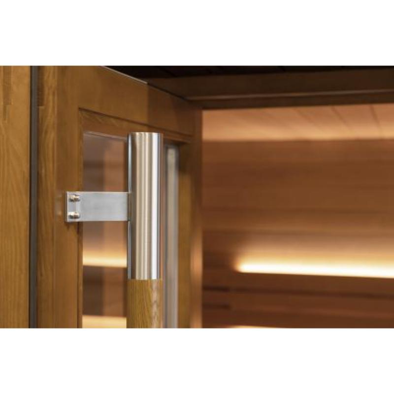 Sauna Life G7 Pre-Assembled Outdoor Home Sauna - close up of the door handle chrome and wood