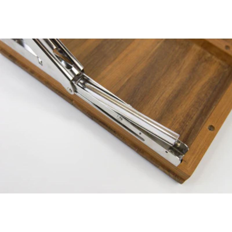 Wall Mount Fold Down Teak Bench with Slot Openings - close up of brackets