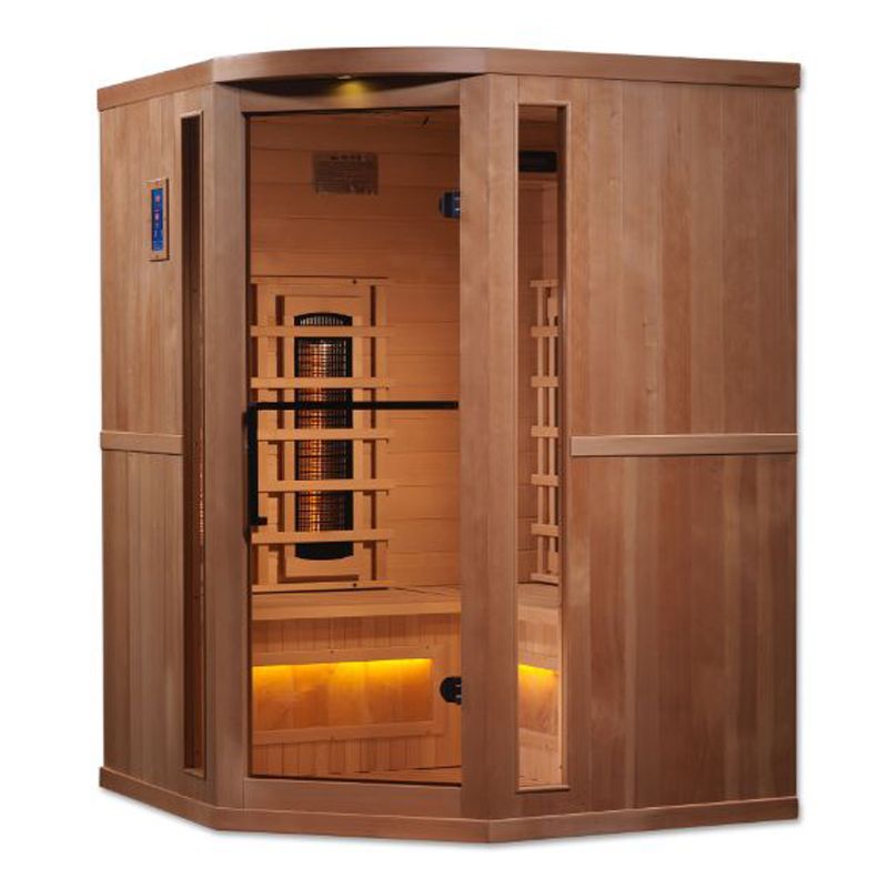3 Person Full Spectrum Infrared Sauna with Himalayan Salt Bars - angled front view with salt lit up