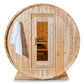 Dundalk Harmony 4 Person Barrel Sauna - front view with towel hanging by the door