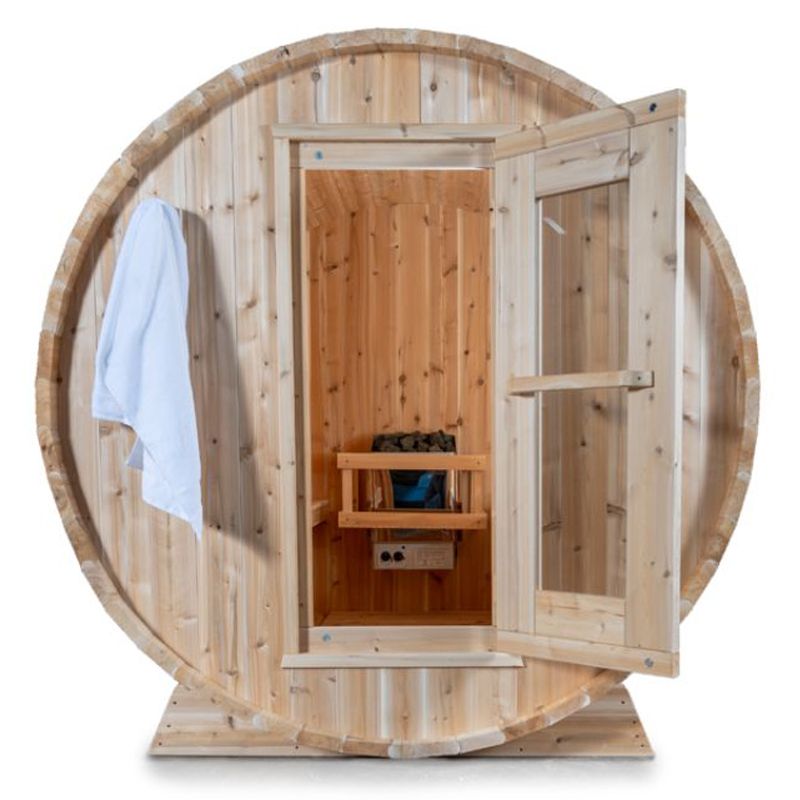 Dundalk Harmony 4 Person Barrel Sauna - exterior front view with the door open