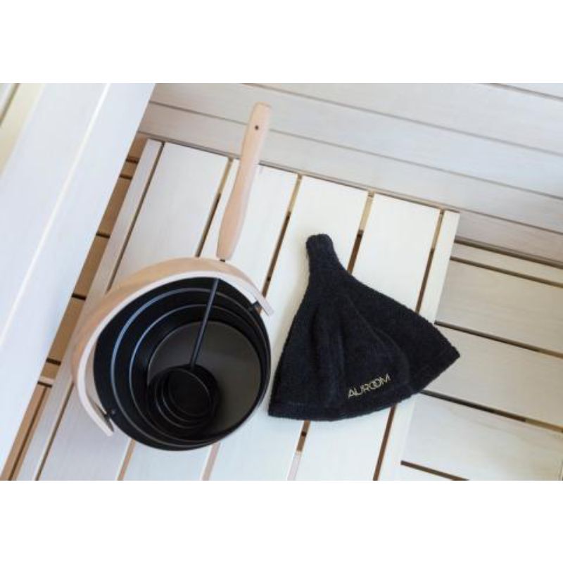 Auroom Steam Sauna Water Bucket & Ladle on sauna bench with sauna hat