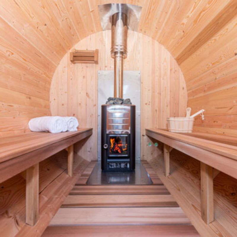 Dundalk LeisureCraft Tranquility Barrel Sauna CTC2345H - view inside of wood burning sauna stove