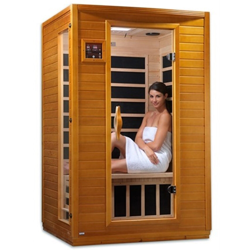 Dynamic Saunas Versailles DYN-6202-03 | 2 Person Low EMF Far Infrared Sauna - view of a woman inside the sauna