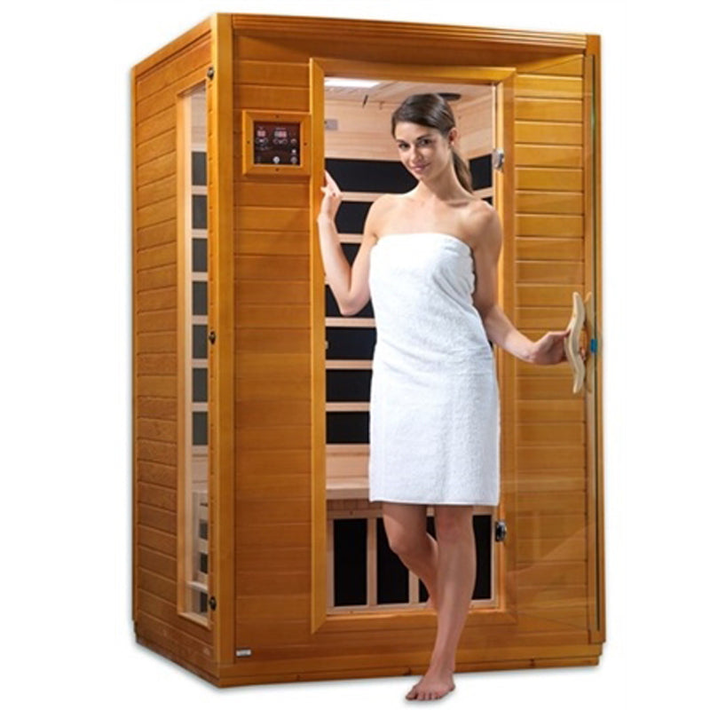 Dynamic Saunas Versailles DYN-6202-03 | 2 Person Low EMF Far Infrared Sauna - view of woman coming out of the sauna