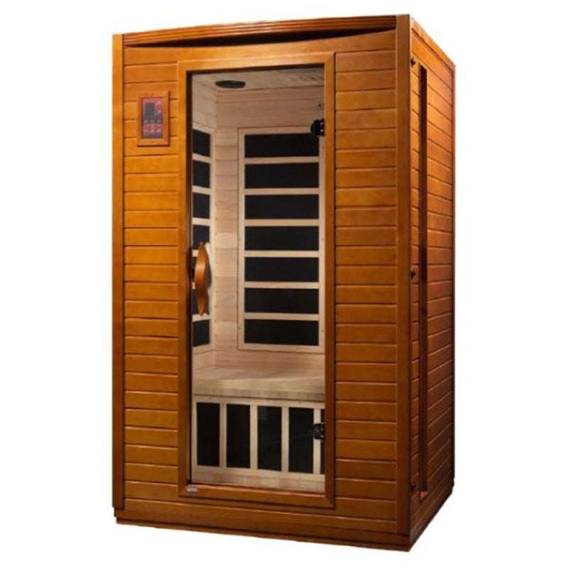 Dynamic Saunas Versailles DYN-6202-03 | 2 Person Low EMF Far Infrared Sauna - angled front view showing side window slightly