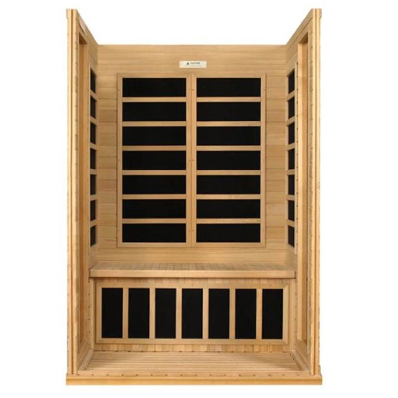 Dynamic Saunas Versailles DYN-6202-03 | 2 Person Low EMF Far Infrared Sauna - cutaway showing the inside with heaters and bench.