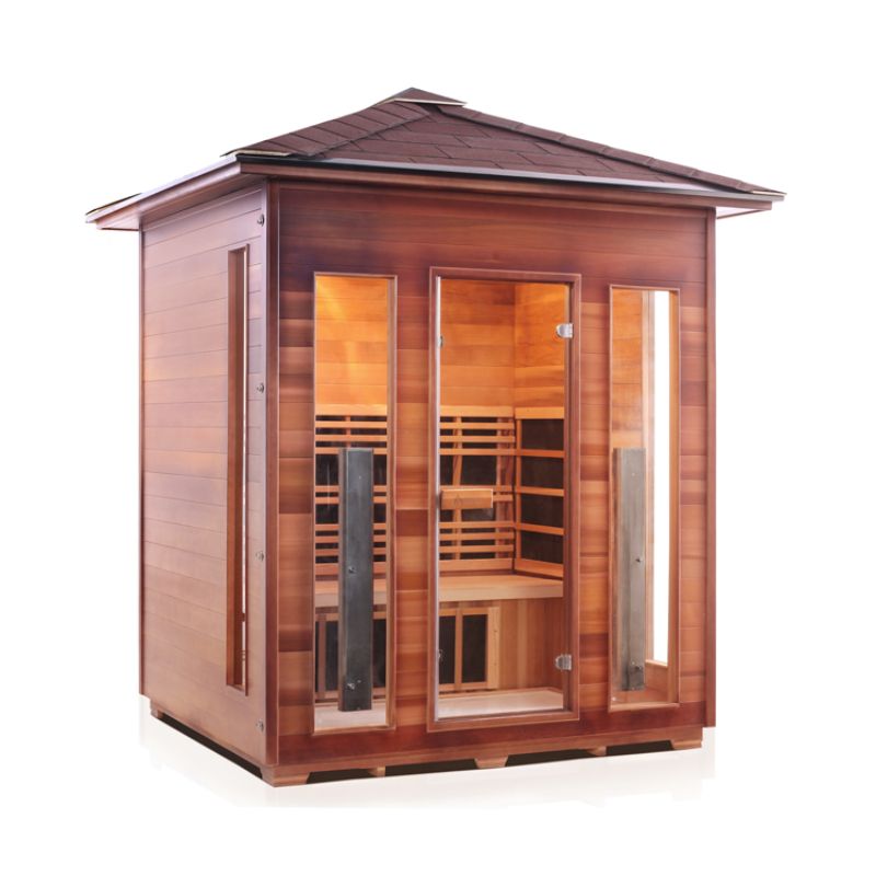 Enlighten Rustic 4 Person Infrared Sauna - Peak Roof