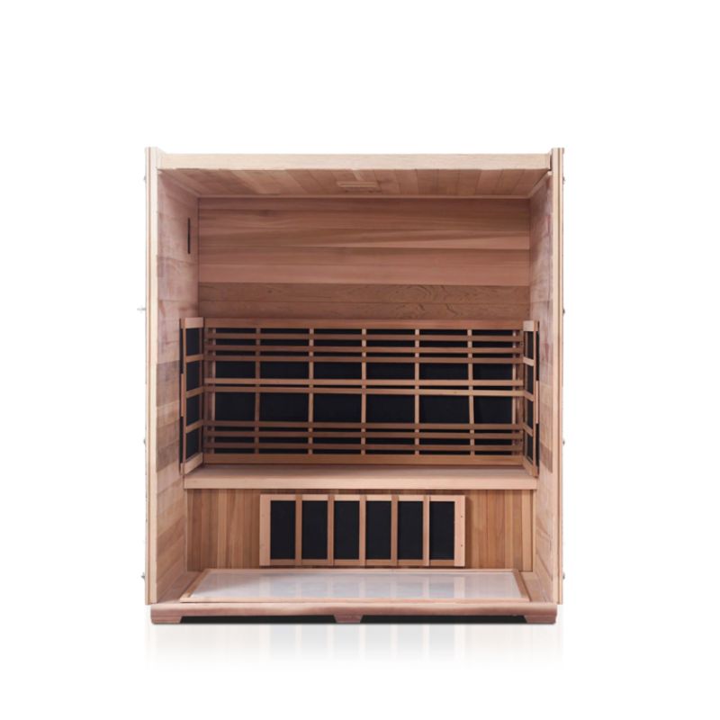 Enlighten Sierra 4 Person Infrared Sauna -Peak Roof-Interior with front removed and indoor roof in place