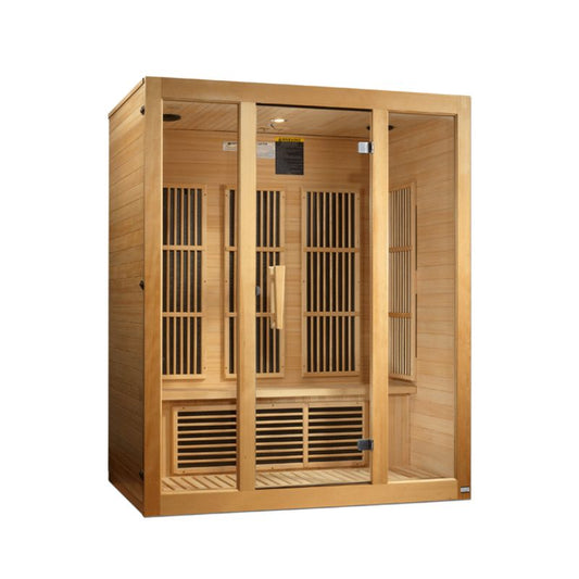 Maxxus Home Sauna, the Bellevue MX-J306-01 - full angled view with no background. Clear view of the bench and heat emitters inside through the wall of tempered glass windows and door.