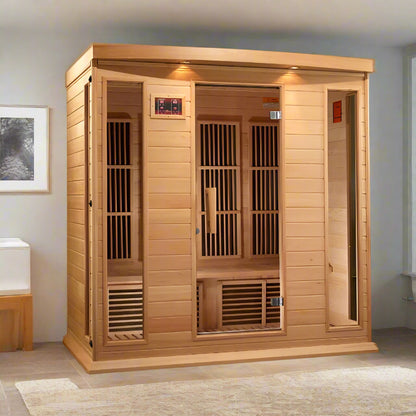 Maxxus MX-K406-01 Indoor FAR Infrared Sauna - full front view in a sunny room.