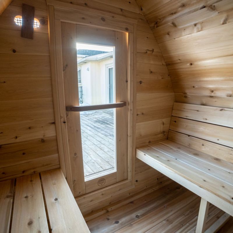 Dundalk MiniPOD 4 Person Outdoor Traditional Steam Sauna CTC77MW - interior view of the door