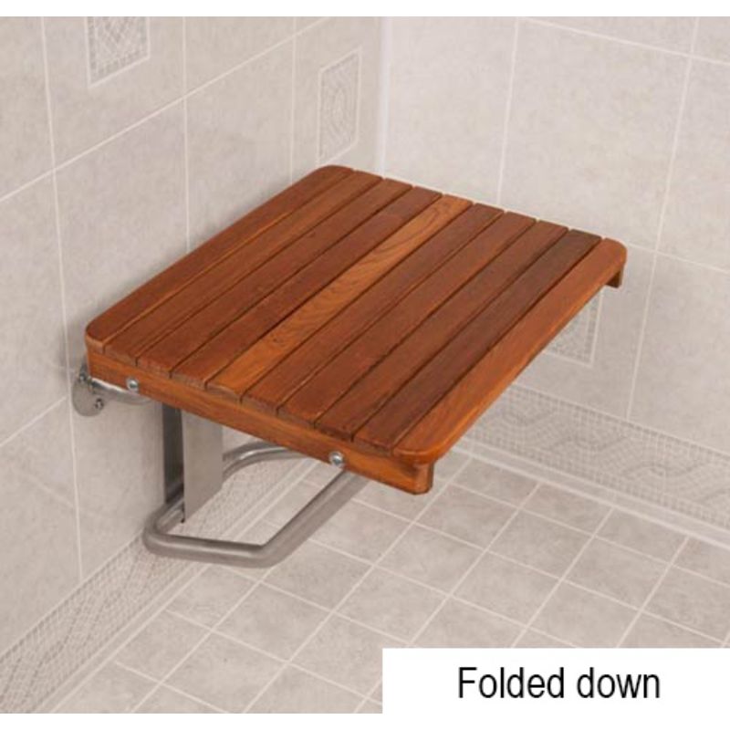 ADA Compliant Teak Shower Seat - Wall Mount - folded down