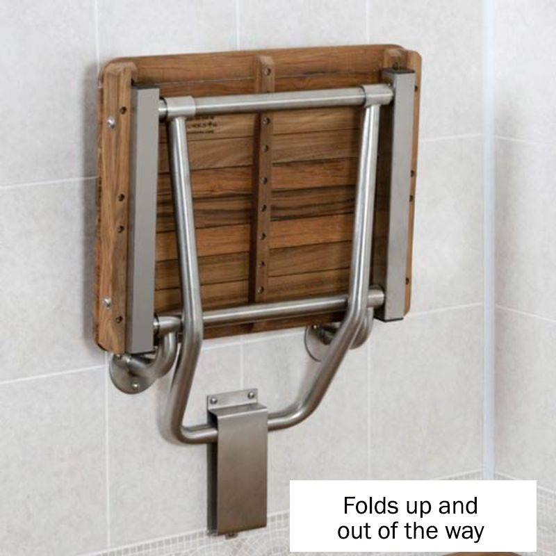 Teak Wall Mount Shower Seat - ADA Compliant-folded up